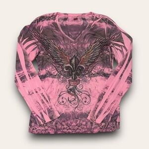 Y2K Pink Rhinestone Fleur de Lis Longsleeve Top Plus Size 2x Mcbling Cybergrunge